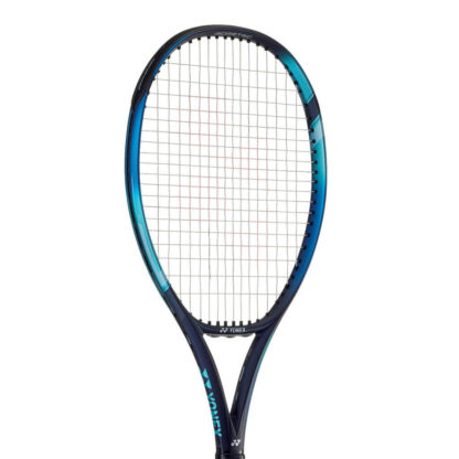 Close up of the head of blue, light blue and dark blue tennis racquet from Yonex. White strings with red Yonex logo. Yonex Ezone 100.
