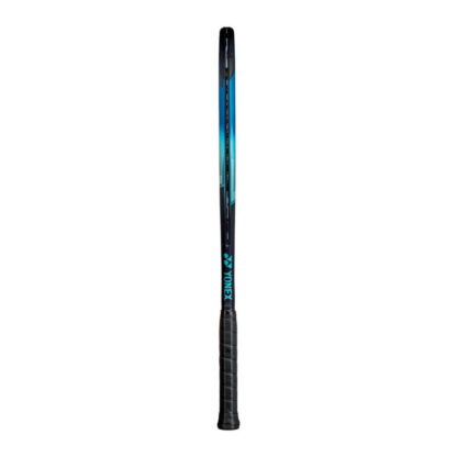 Side view of blue, light blue and dark blue tennis racquet from Yonex. Black grip. Yonex in light blue writing with Yonex logo on the side of the racquet. Yonex Ezone 100.