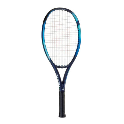 Blue, light blue and dark blue tennis racquet from Yonex. White strings with red Yonex logo and black grip. Yonex Ezone 25.