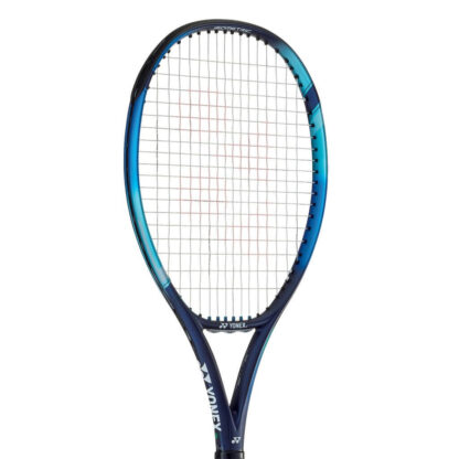 Close up of the head of blue, light blue and dark blue tennis racquet from Yonex. White strings with red Yonex logo. Yonex Ezone 25.