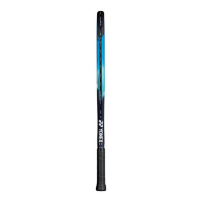 Side view of blue, light blue and dark blue tennis racquet from Yonex. Black grip. Yonex in silver writing with Yonex logo on the side of the racquet. Yonex Ezone 25.