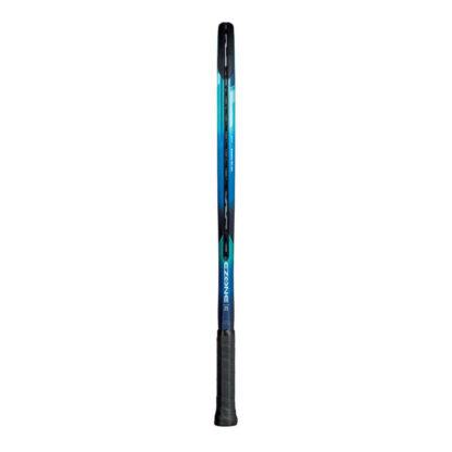 Side view of blue, light blue and dark blue tennis racquet from Yonex. Black grip. Ezone 25 in white writing on the side of the racquet. Yonex Ezone 25.
