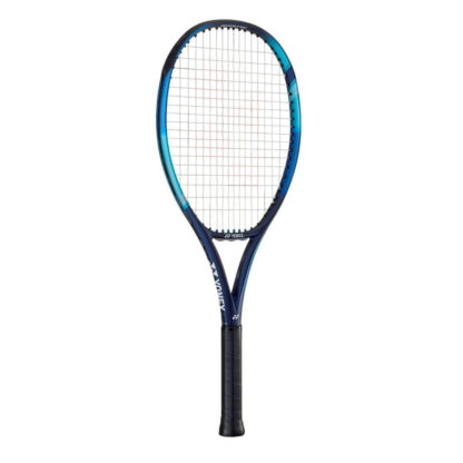 Blue, light blue and dark blue tennis racquet from Yonex. White strings with red Yonex logo and black grip. Yonex Ezone 26.