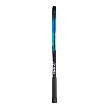 Side view of blue, light blue and dark blue tennis racquet from Yonex. Black grip. Yonex in silver writing with Yonex logo on the side of the racquet. Yonex Ezone 26.