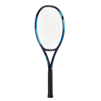 Blue, light blue and dark blue tennis racquet from Yonex. White strings with red Yonex logo and black grip. Yonex Ezone 98.