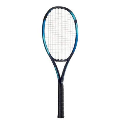 Blue, light blue and dark blue tennis racquet from Yonex. White strings with red Yonex logo and black grip. Yonex Ezone 98.