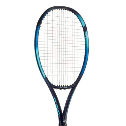 Close up of the head of blue, light blue and dark blue tennis racquet from Yonex. White strings with red Yonex logo. Yonex Ezone 98.