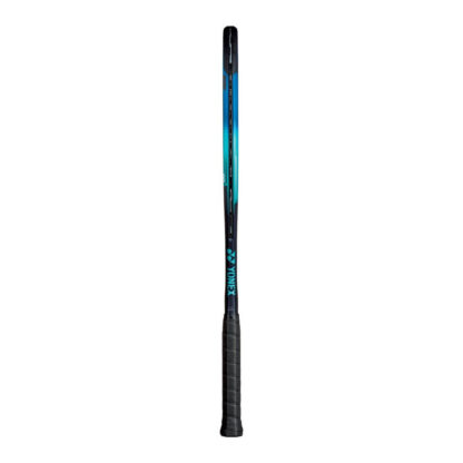 Side view of blue, light blue and dark blue tennis racquet from Yonex. Black grip. Yonex in light blue writing with Yonex logo on the side of the racquet. Yonex Ezone 98.