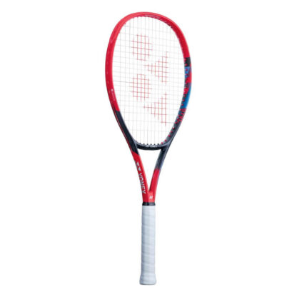 Red, black and blue tennis racquet from Yonex. White strings with red Yonex logo and white grip. Yonex in silver writing on the side with silver Yonex logo. Yonex Vcore 100L 2023 model.
