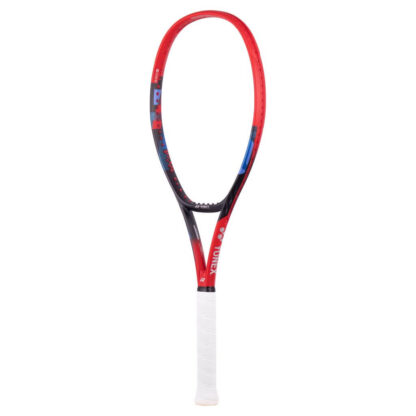 Red, black and blue tennis racquet from Yonex. White grip. Yonex in silver writing on the side with silver Yonex logo. Yonex Vcore 100L 2023 model.