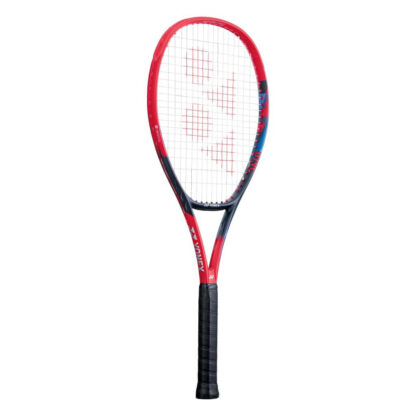 Red, black and blue tennis racquet from Yonex. White strings with red Yonex logo and black grip. Yonex in silver writing on the side with silver Yonex logo. Yonex Vcore 100 2023 model.