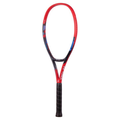 Red, black and blue tennis racquet from Yonex. Black grip. Yonex in silver writing on the side with silver Yonex logo. Yonex Vcore 100 2023 model.