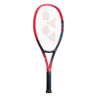 Red, black and blue tennis racquet from Yonex. White strings with red Yonex logo and black grip. Yonex in silver writing on the side with silver Yonex logo. Yonex Vcore 25 2023 model.