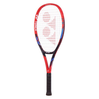 Red, black and blue tennis racquet from Yonex. White strings with red Yonex logo and black grip. Yonex in silver writing on the side with silver Yonex logo. Yonex Vcore 25 2023 model.