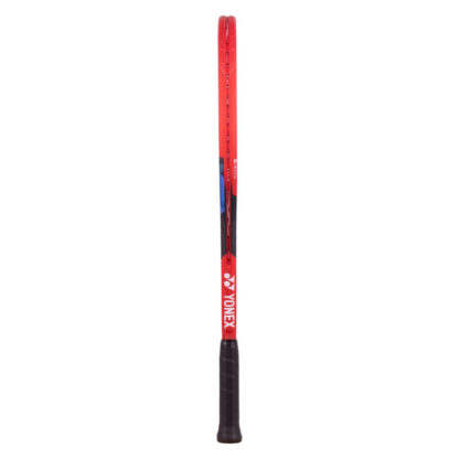 Side view of red, black and blue tennis racquet from Yonex. Black grip. Yonex in silver writing on the side with silver Yonex logo. Yonex Vcore 25 2023 model.