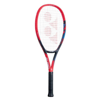 Red, black and blue tennis racquet from Yonex. White strings with red Yonex logo and black grip. Yonex in silver writing on the side with silver Yonex logo. Yonex Vcore 26 2023 model.