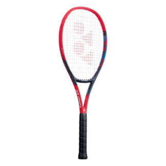 Red, black and blue tennis racquet from Yonex. White strings with red Yonex logo and black grip. Yonex in silver writing on the side with silver Yonex logo. Yonex Vcore 98 2023 model.