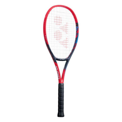 Red, black and blue tennis racquet from Yonex. White strings with red Yonex logo and black grip. Yonex in silver writing on the side with silver Yonex logo. Yonex Vcore 98 2023 model.