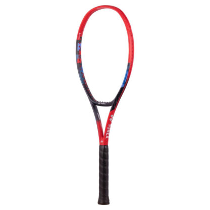 Red, black and blue tennis racquet from Yonex. Black grip. Yonex in silver writing on the side with silver Yonex logo. Yonex Vcore 98 2023 model.