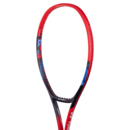 Close up of red, black and blue tennis racquet from Yonex. Yonex in silver writing on the side with silver Yonex logo. Yonex Vcore 98 2023 model.