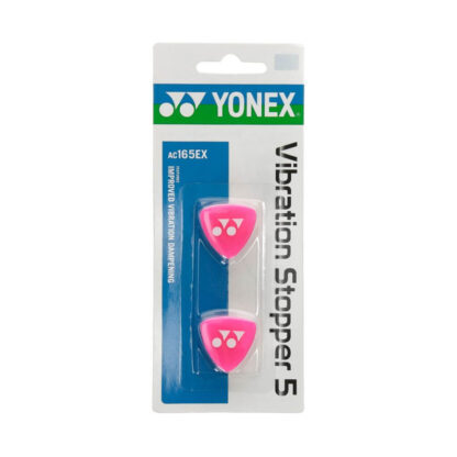 Pack of two triangular dampers from Yonex in pink with white Yonex logo.
