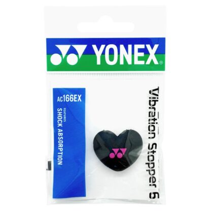 Pack of one star heart damper from Yonex in black with pink Yonex logo.