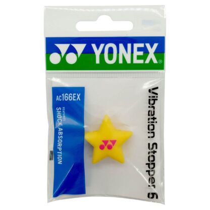Pack of one star shaped damper from Yonex in yellow with pink Yonex logo.