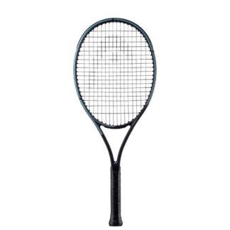Black and blue/purple pearlescent tennis racquet from HEAD. Black strings with white HEAD logo and black grip. HEAD Gravity Jr 2023.