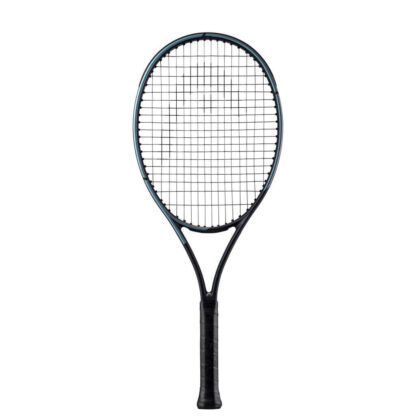 Black and blue/purple pearlescent tennis racquet from HEAD. Black strings with white HEAD logo and black grip. HEAD Gravity Jr 2023.