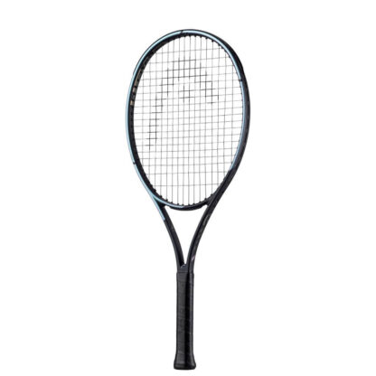 Side view of black and blue/purple pearlescent tennis racquet from HEAD. Black strings with white HEAD logo and black grip. HEAD Gravity Jr 2023.