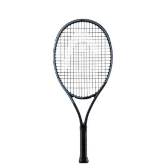 Black and blue/purple pearlescent tennis racquet from HEAD. Black strings with white HEAD logo and black grip. HEAD Gravity Jr 25 2023.