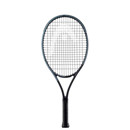 Black and blue/purple pearlescent tennis racquet from HEAD. Black strings with white HEAD logo and black grip. HEAD Gravity Jr 25 2023.