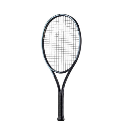 Side view of black and blue/purple pearlescent tennis racquet from HEAD. Black strings with white HEAD logo and black grip. HEAD Gravity Jr 25 2023.