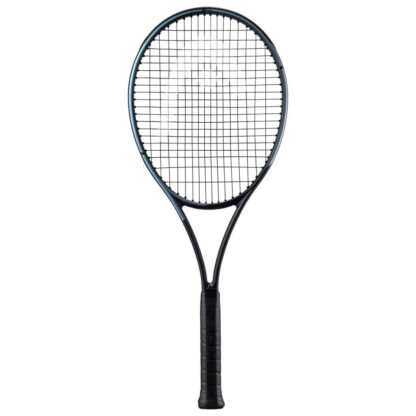 Black and blue/purple pearlescent tennis racquet from HEAD. Black strings with white HEAD logo and black grip. HEAD Gravity MP Auxetic 2023.
