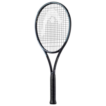 Side view of black and blue/purple pearlescent tennis racquet from HEAD. Black strings with white HEAD logo and black grip. HEAD Gravity MP Auxetic 2023.