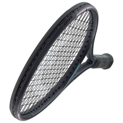 View from top of black and blue/purple pearlescent tennis racquet from HEAD. Black strings with white HEAD logo and black grip. HEAD Gravity MP Auxetic 2023.