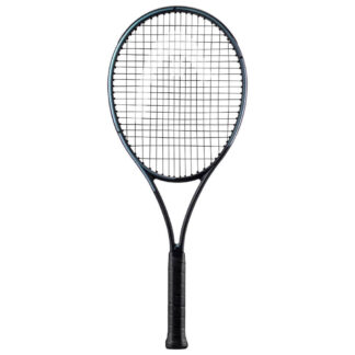 Black and blue/purple pearlescent tennis racquet from HEAD. Black strings with white HEAD logo and black grip. HEAD Gravity MP L Auxetic 2023.