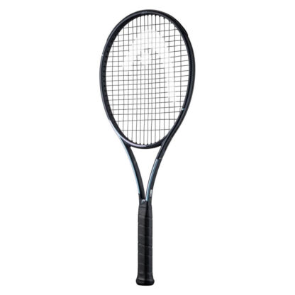 Side view of black and blue/purple pearlescent tennis racquet from HEAD. Black strings with white HEAD logo and black grip. HEAD Gravity MP L Auxetic 2023.