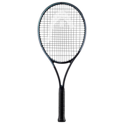 Black and blue/purple pearlescent tennis racquet from HEAD. Black strings with white HEAD logo and black grip. HEAD Gravity Team Auxetic 2023.
