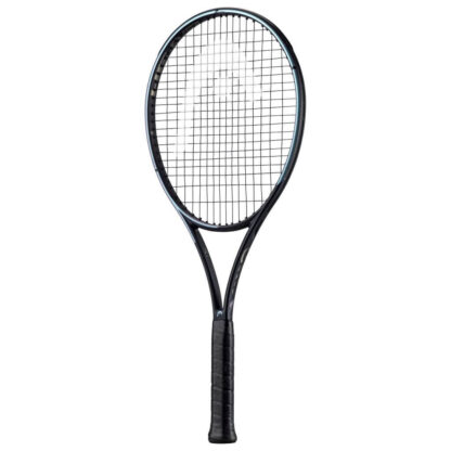 Side view of black and blue/purple pearlescent tennis racquet from HEAD. Black strings with white HEAD logo and black grip. HEAD Gravity Team Auxetic 2023.