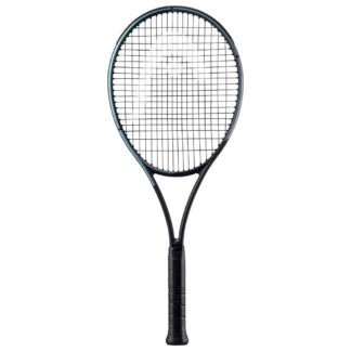 Black and blue/purple pearlescent tennis racquet from HEAD. Black strings with white HEAD logo and black grip. HEAD Gravity Tour Auxetic 2023.