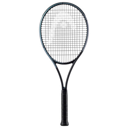 Black and blue/purple pearlescent tennis racquet from HEAD. Black strings with white HEAD logo and black grip. HEAD Gravity Tour Auxetic 2023.