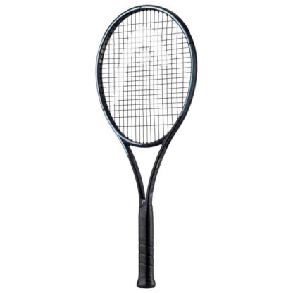 Side view of black and blue/purple pearlescent tennis racquet from HEAD. Black strings with white HEAD logo and black grip. HEAD Gravity Tour Auxetic 2023.