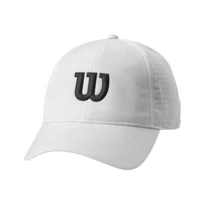 White cap from Wilson with black W for Wilson on the front.