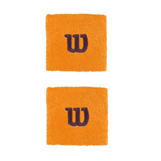 A pair of orange writsbands from Wilson with brown embroidered W for Wilson.