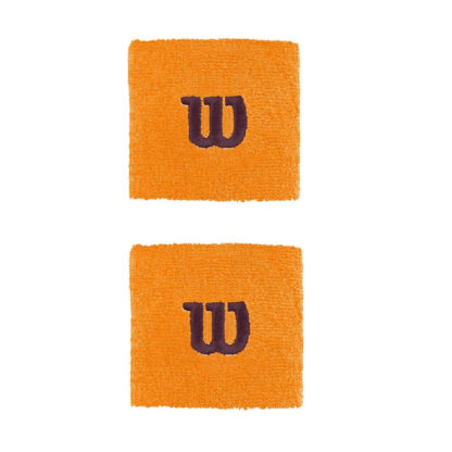 A pair of orange writsbands from Wilson with brown embroidered W for Wilson.
