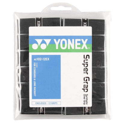 A pack of 12 Super Grap overgrips from Yonex in black.