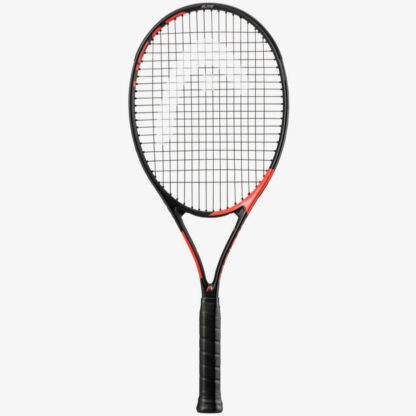 Black and orange tennis racquet from HEAD. Black strings with white HEAD logo and black grip. HEAD Ti. Radical Elite.