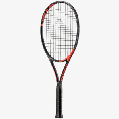 Side view of black and orange tennis racquet from HEAD. Black strings with white HEAD logo and black grip. Radical in orange writing on the side of the throat. HEAD in orange writing on the inside of the beam. HEAD Ti. Radical Elite.