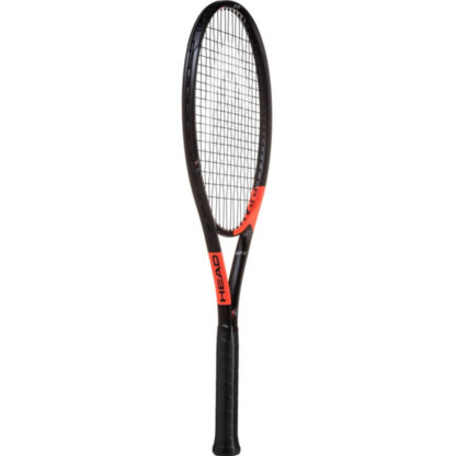 Side view of black and orange tennis racquet from HEAD. Black strings with white HEAD logo and black grip. HEAD in black writing on the side of the throat. HEAD Ti. Radical Elite.
